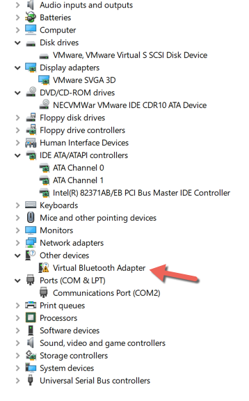 Device Manager showing a problem with a device