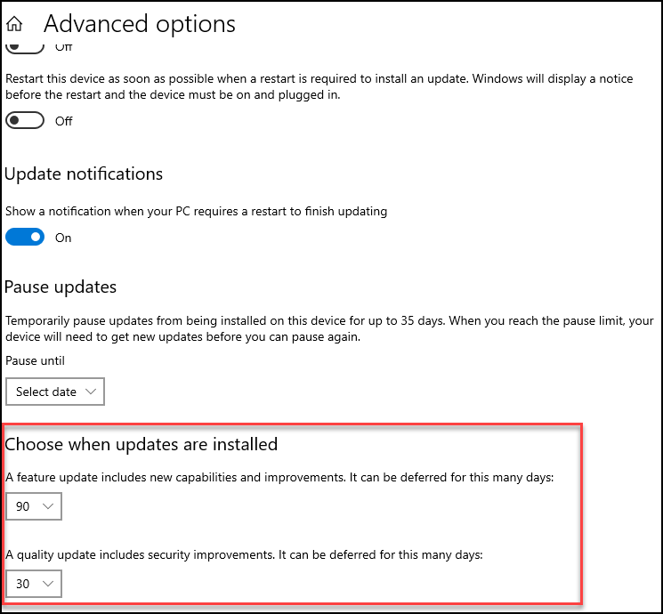 A screenshot showing how to defer Windows 10 Updates