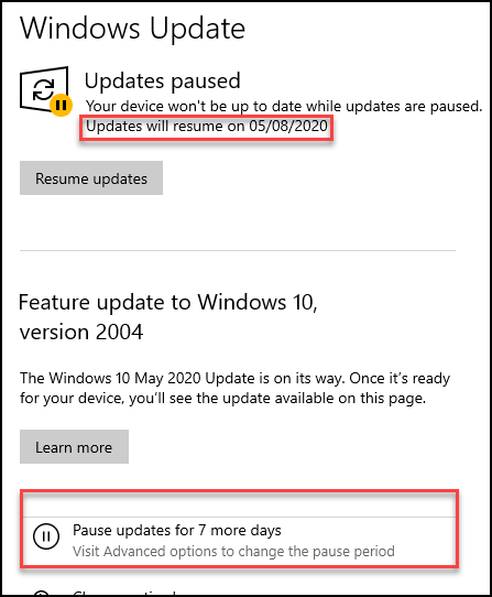 Pause Windows 10 Updates settings