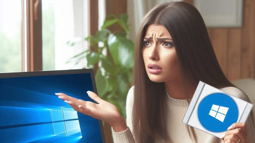 A woman looking confused holding Windows 11 upgrade media