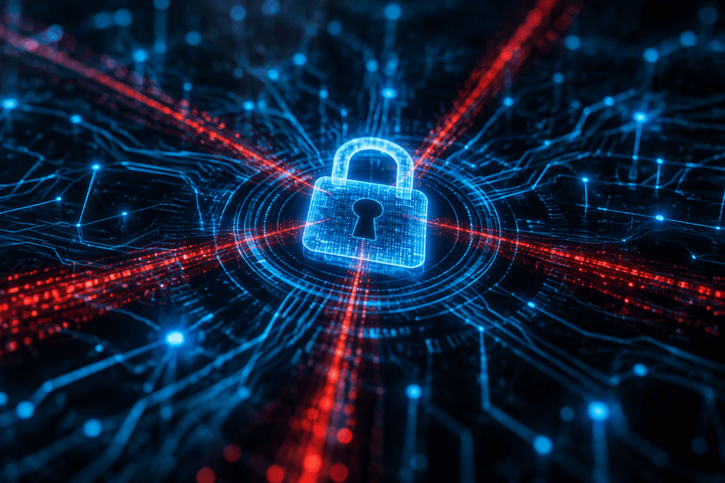A semi-transparent padlock icon sits at the centre of the network